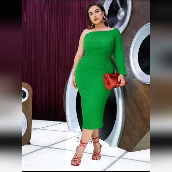 Elegant Green One-Shoulder Dress OX - Picture 1 of 4